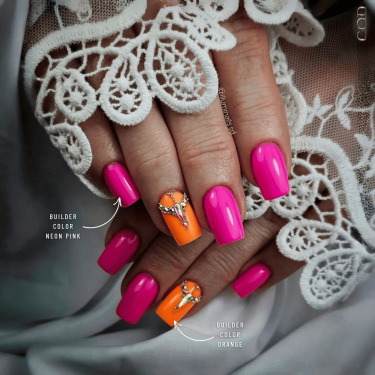 Pose ongles carrés avec les Builder Color Orange et Neon Pink