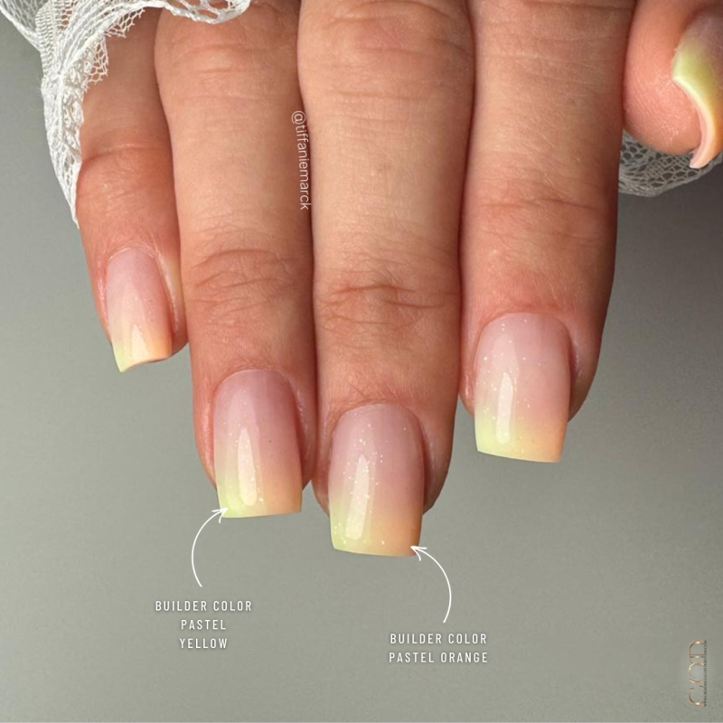 Pose ongles carrés avec babycolor avec les Builder Color Pastel Yellow et Pastel Orange