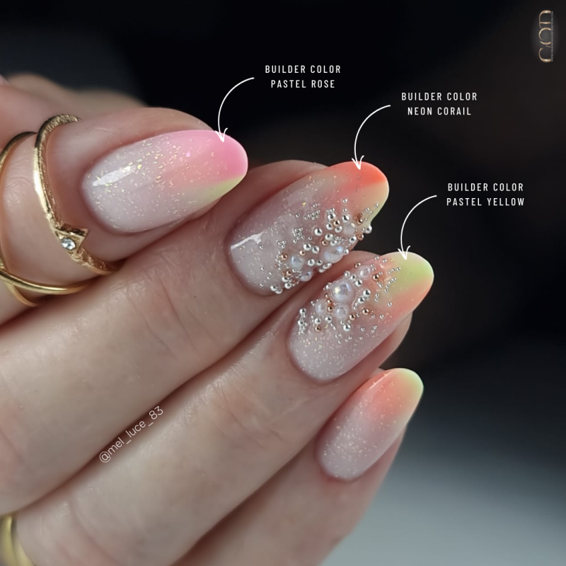 Pose ongles avec les Builder Color Pastel Yellow, Pastel Rose et Neon Corail