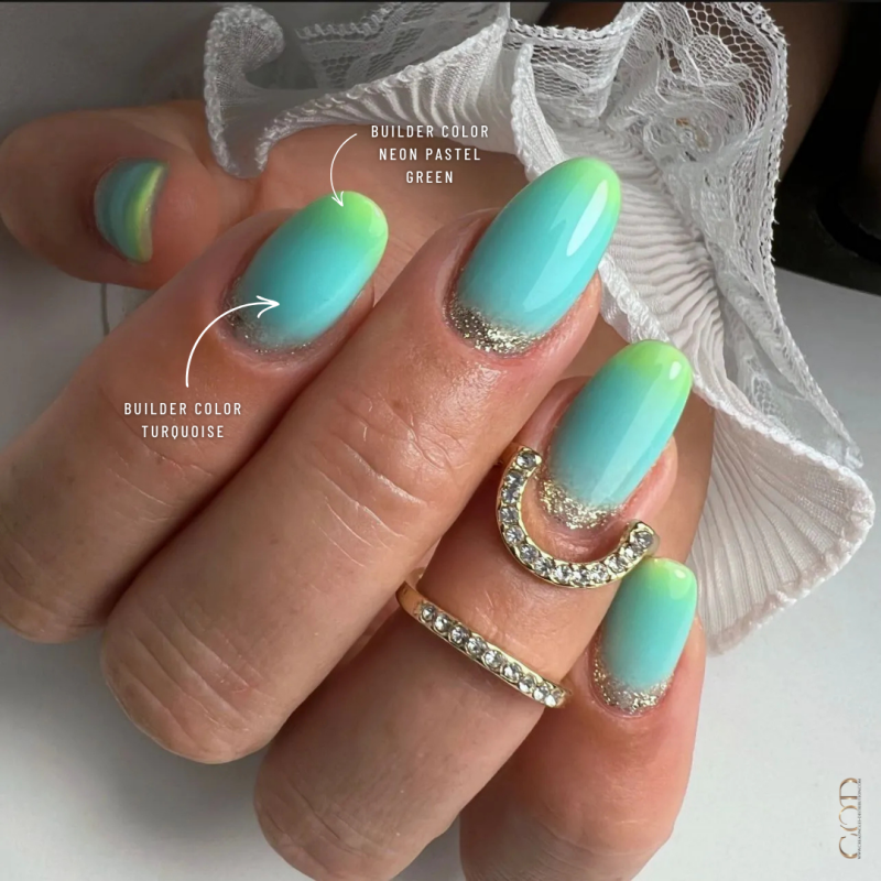 Pose ongles ovales avec les Builder Color Neon Pastel Green et Turquoise