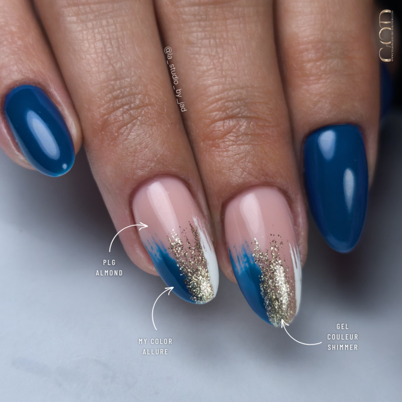 Pose en amande avec le Pro Liquid Gel Almond, le My Color Allure et le Gel Shimmer
