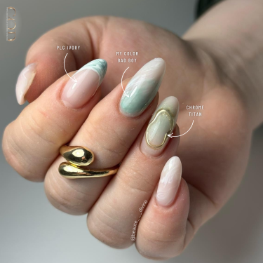 Pose en amande avec le Pro Liquid Gel Ivory, le My Color Bad Boy et le Chrome Titan
