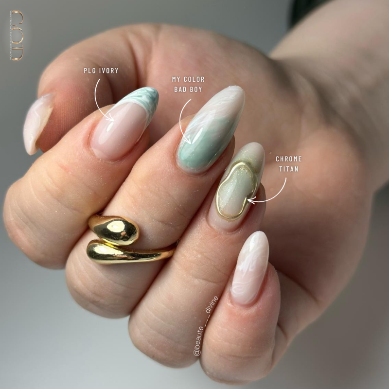 Pose en amande avec le Pro Liquid Gel Ivory, le My Color Bad Boy et le Chrome Titan