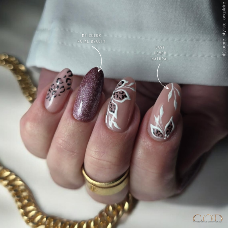 Pose d'ongle ovale avec le Easy Cover Natural, le My Color Fatal Beauty et le Painting White