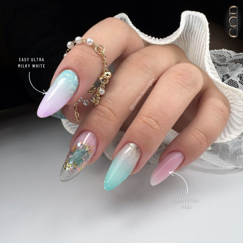 Pose en amande multi-techniques avec le Easy Ultra Milky White et Ultra Pink