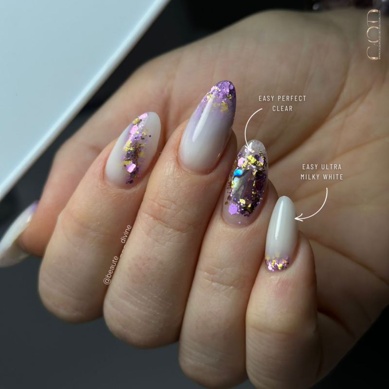 Pose en amande avec le Easy Perfect Clear et le Ultra Milky White en incrustation