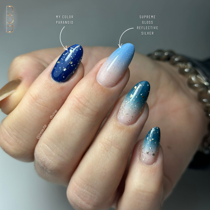 Pose en amande bleue avec le My Color Paranoid et la Supreme Gloss Reflective Silver