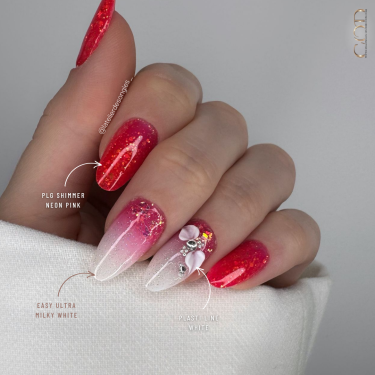Pose d'ongles avec le PLG Shimmer Neon Pink et le Easy Ultra Milky White
