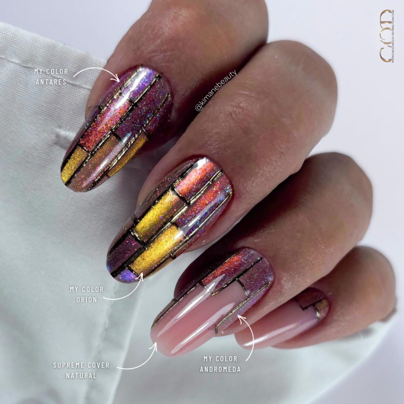 Pose en amande moderne avec le gel Supreme Cover Natural, les My Color Cat Eye Andromeda, Orion, Antares