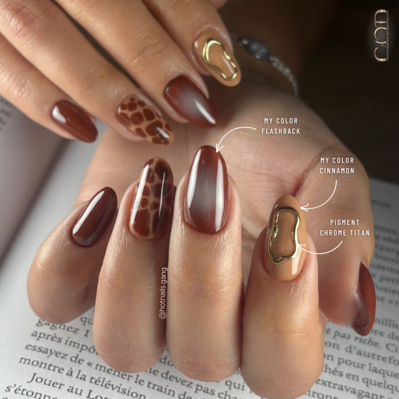 Pose en amande avec le My Color Flashback et Cinnamon et le Pigment Chrome Titan