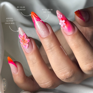 Pose en amande avec le My Color Un Dos Tres et Whenever et l'Acrygel Glitter Cover Rose