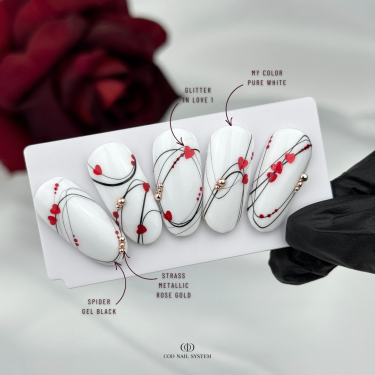 Capsules avec les Glitter In Love 1, le My Color Pure White, le Spider Gel Black et les Strass Metallic Rose Gold