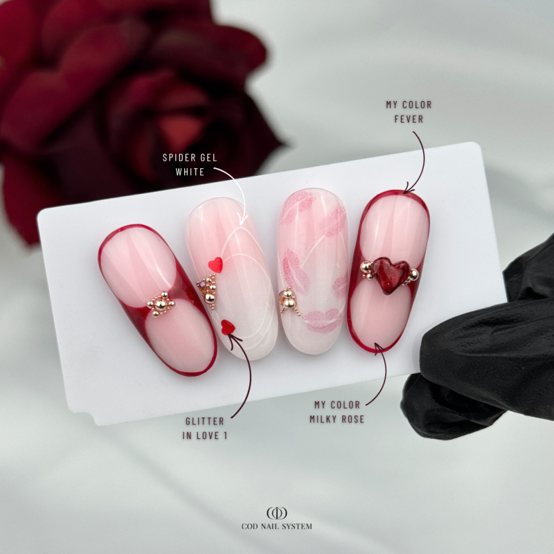 Capsules faites avec les Glitter In Love 1, le Spider Gel White, le My Color Fever et Milky Rose