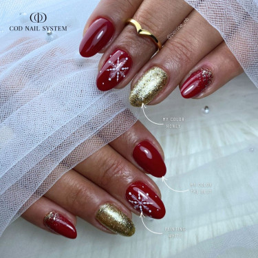 pose ongle avec Vsp rouge the best et vsp doré +nail art flocons