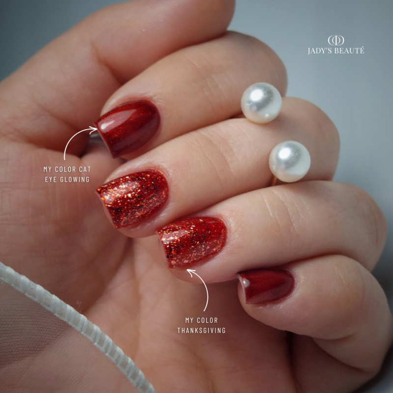 Pose carrée avec le My Color Thanksgiving, rouge pailleté flakes