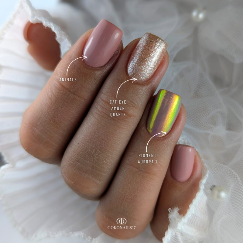 ongles en gel nude et pigment aurora