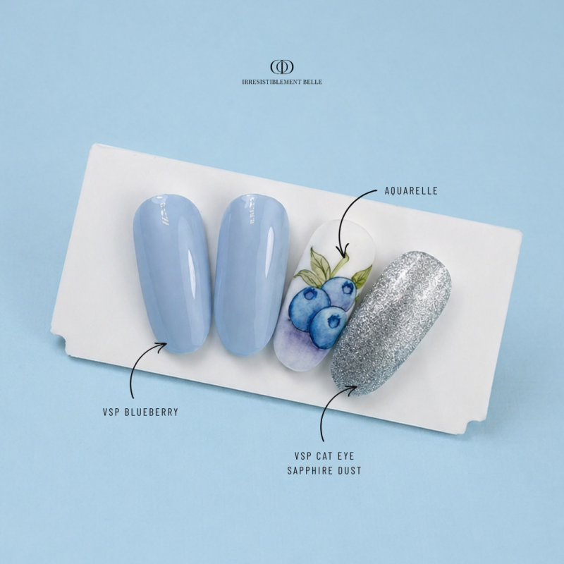 Capsules d'ongles avec le VSP Cat Ete Sapphire Dust et Blueberry