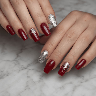 pose ongle bordeaux et paillette blanc irisé