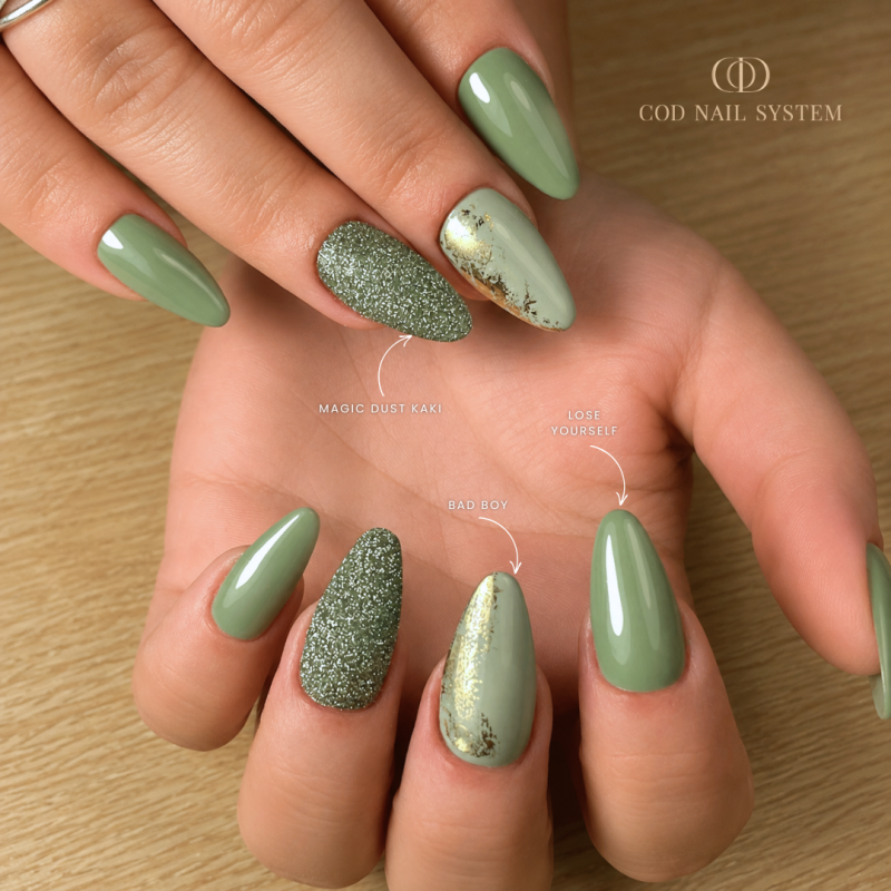 pose ongle kaki et effet sucre