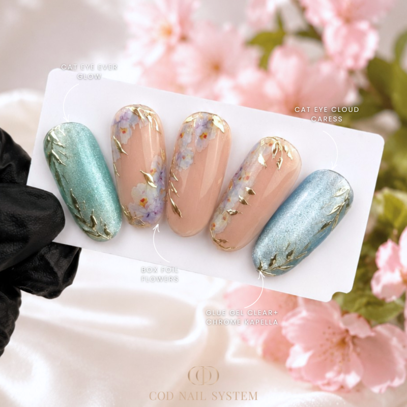 idée nail art bridgerton avec foil fleurs et pigment chrome