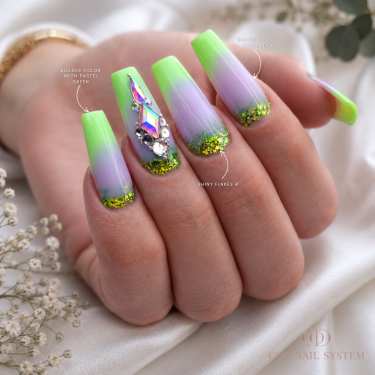 pose ongles coffin incrustation de paillette et dégradé de couleurs vert et violet