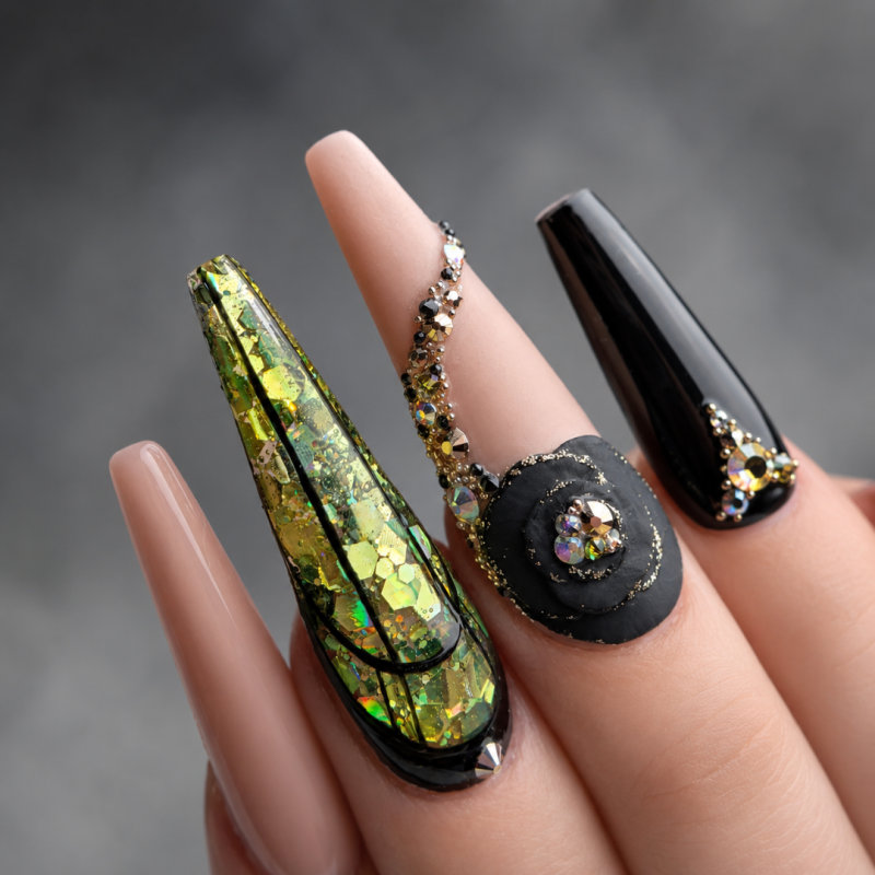 ongles incrustation de paillette kaki