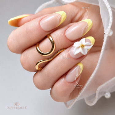 french manucure jaune pastel et fleur 3D