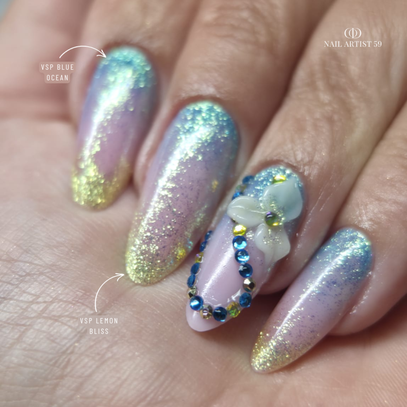 Pose en amandes avec le vernis semi permanent Lemon Bliss jaune irisé pailleté