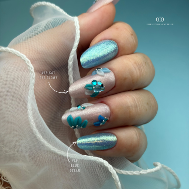 Pose en amandes avec le vernis semi permanent Cat Eye Glowy nude gris beige