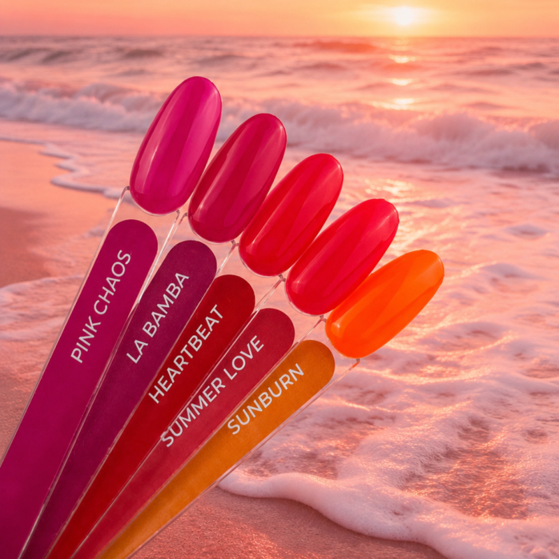 Tips de la collection Sunrise, vernis semi-permanent néon orange et rose