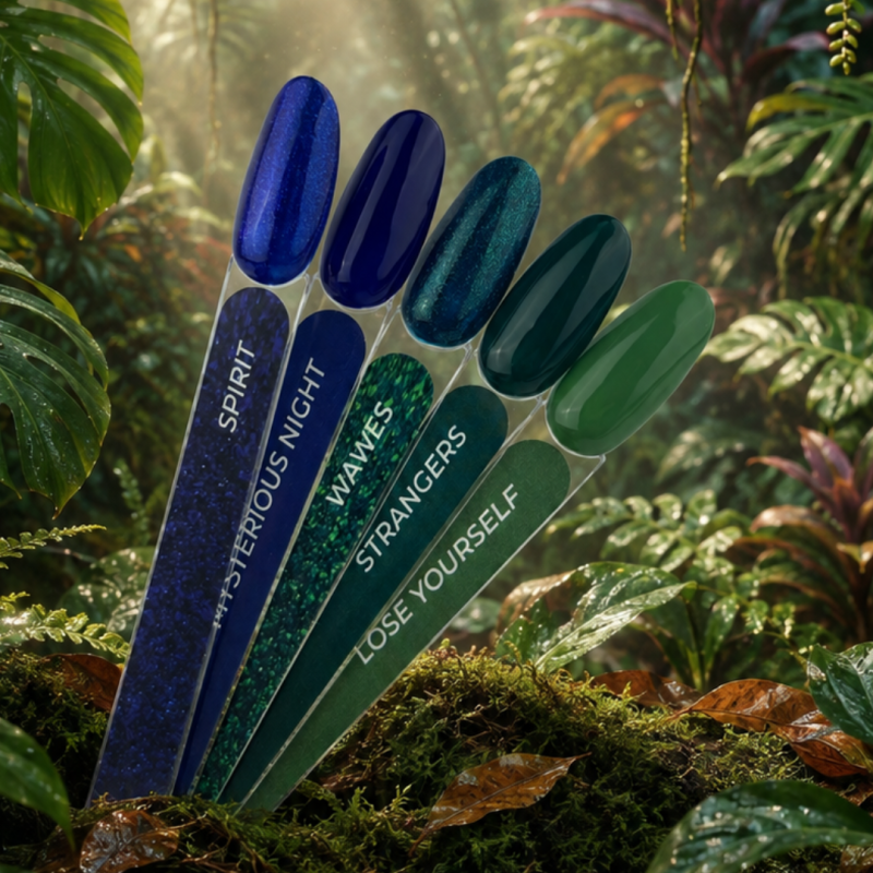 Tips de la collection Amazon, vernis semi-permanent vert et bleu