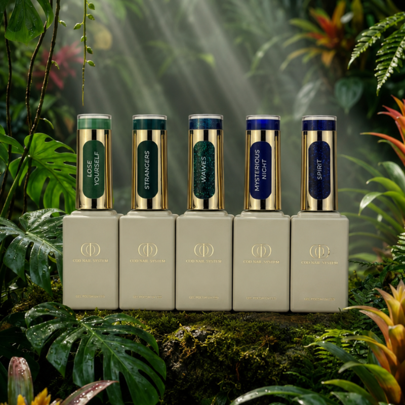 Flacon de la collection Amazon, vernis semi-permanent vert et bleu