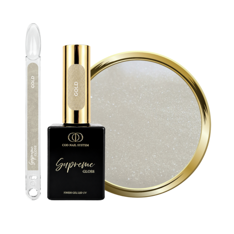 Supreme Gloss Gold avec son tips, flacon et pastille