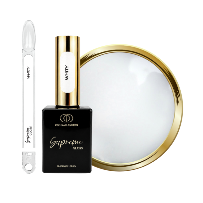 Supreme Gloss Whity avec son tips, flacon et pastille