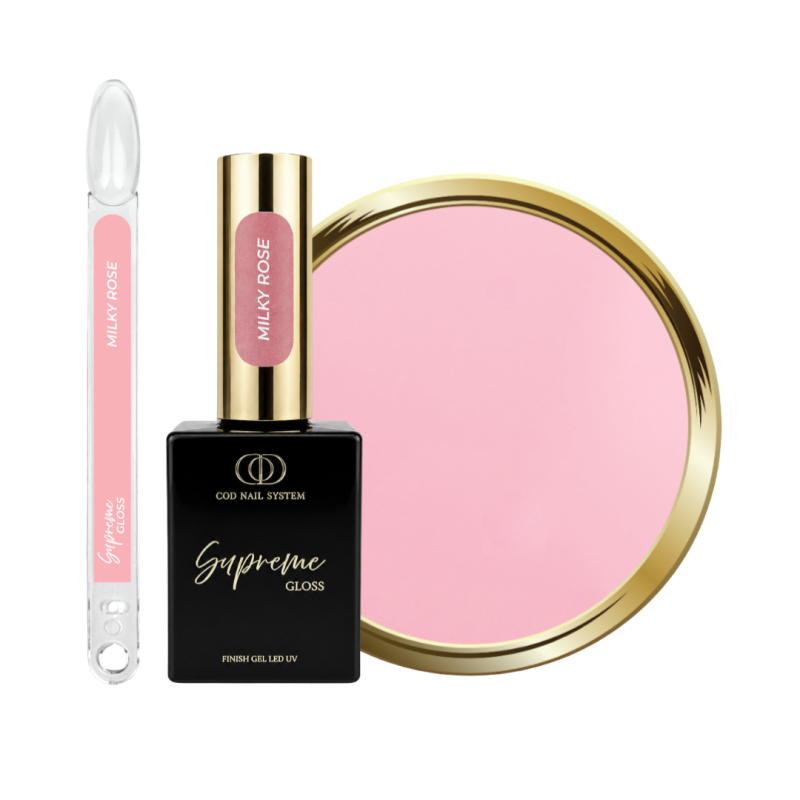Supreme Gloss Milky Rose avec son tips, flacon et pastille