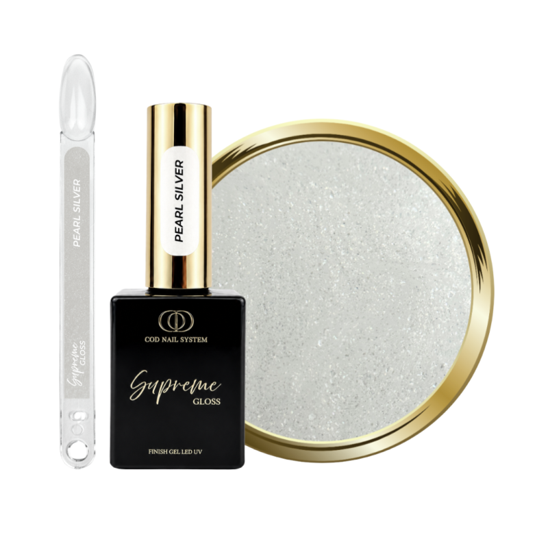 Supreme Gloss Pearl Silver avec son tips, flacon et pastille
