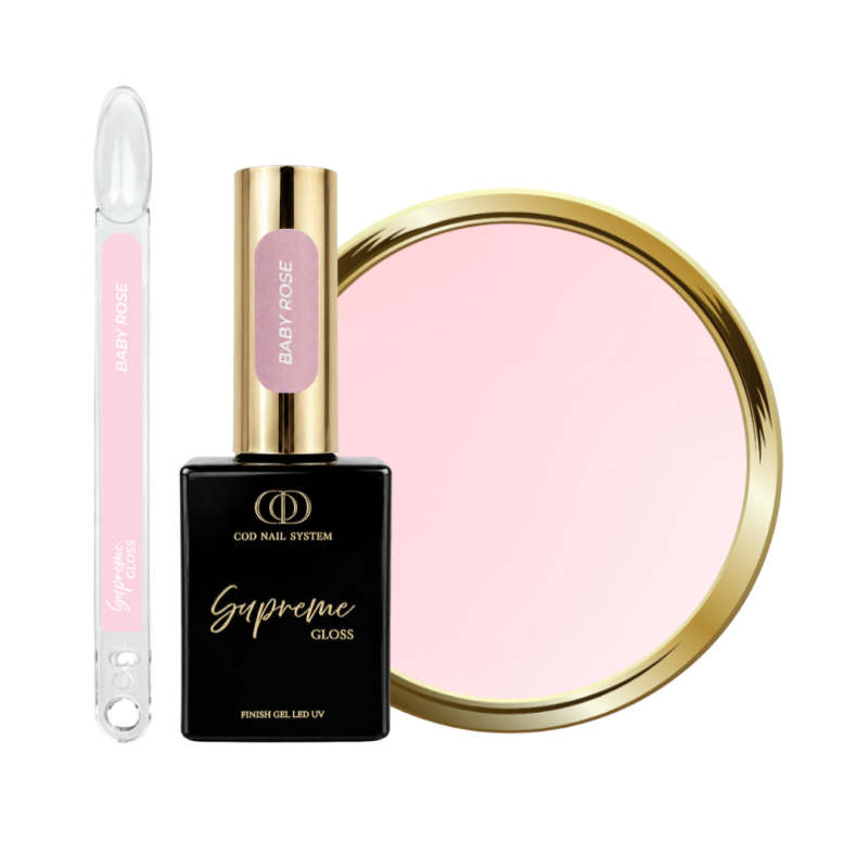 Supreme Gloss Baby Rose avec son tips, flacon et pastille