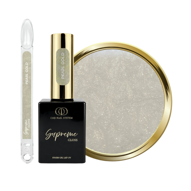 Supreme Gloss Pearl Gold avec son tips, flacon et pastille