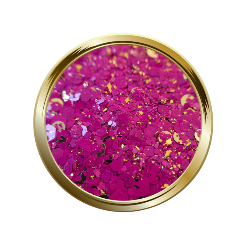 Paillettes et pigment pour le nail art rose fuchsia et or