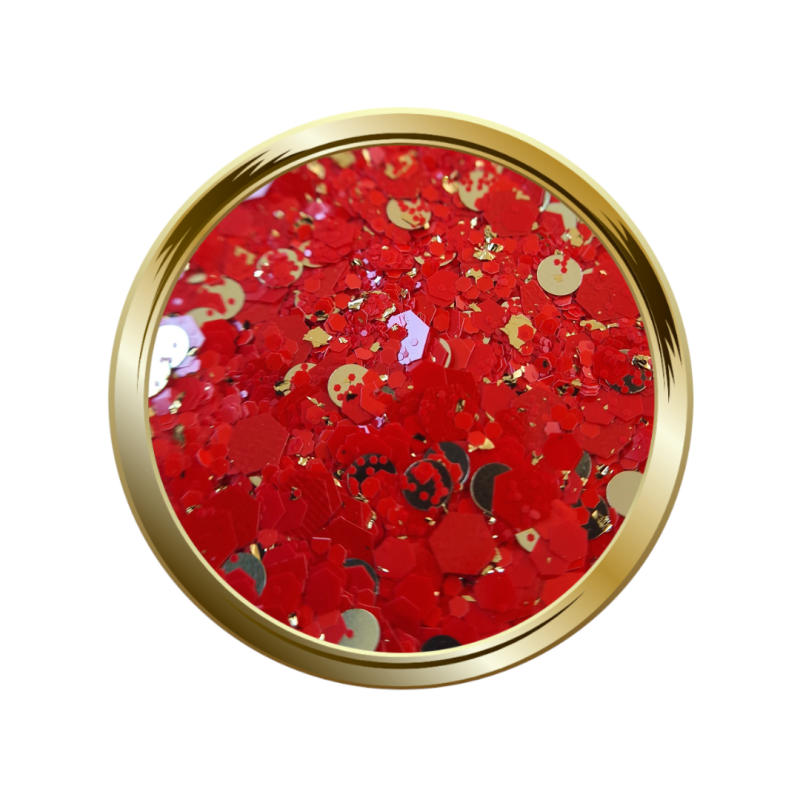 Paillettes et pigment pour le nail art forme mix rouge et or