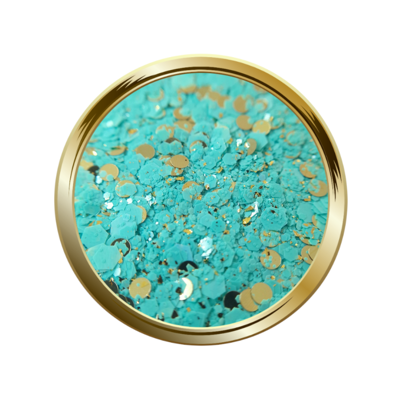 Paillettes et pigments pour le nail art forme mix vert d'eau et or