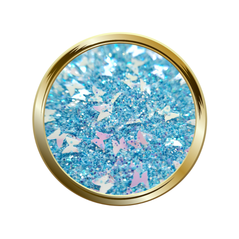 Paillettes fines et papillon pour le nail art bleu pastel