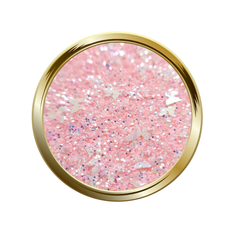 Paillettes fines et papillon pour le nail art rose pastel