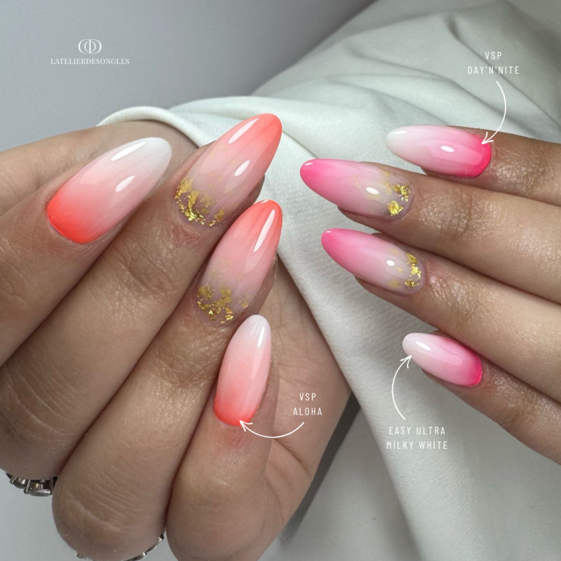 Pose d'ongles avec le vernis semi permanent Aloha, néon corail et Day'N'Nite, néon rose