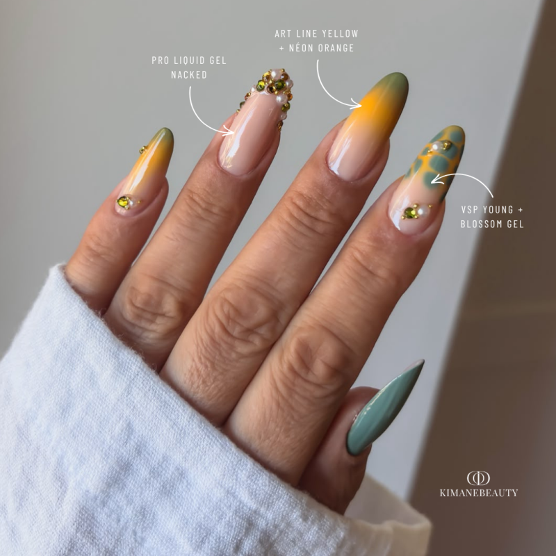 Pose d'ongles en amandes avec le vernis semi permanent Young, vert kaki clair