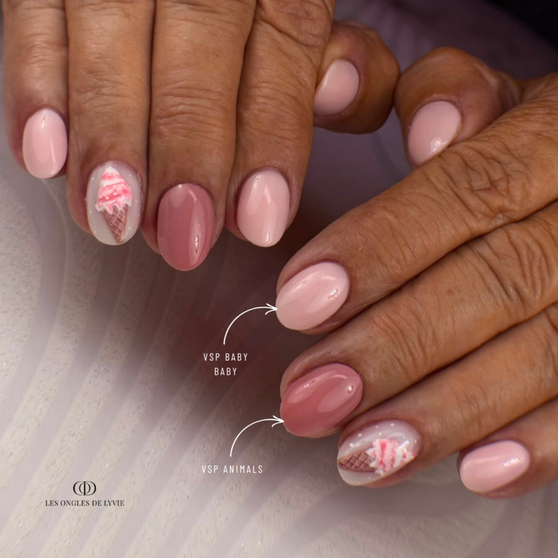 Pose d'ongles avec le vernis semi permanent Baby Baby, blanc rosé milky