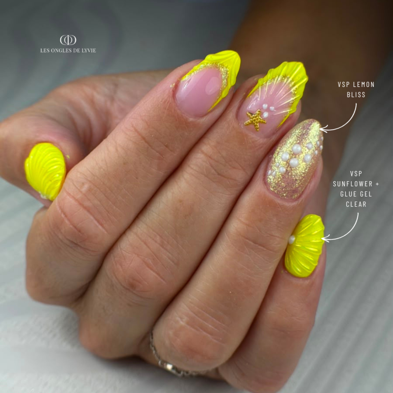 Pose d'ongles en amandes avec le vernis semi permanent Sunflower, néon jaune