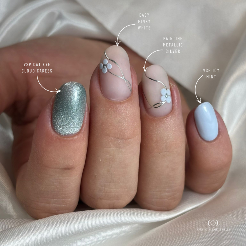 Pose d'ongles ovales avec le vernis semi permanent Cat Eye Cloud Caress, bleu pastel