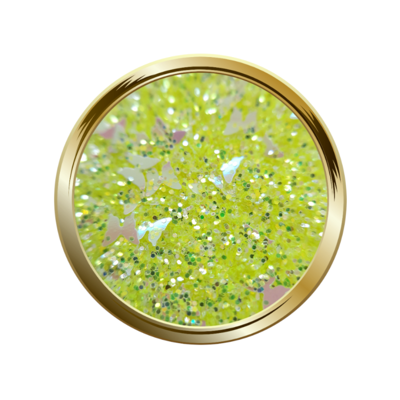 Paillettes fines et papillon pour le nail art néon jaune
