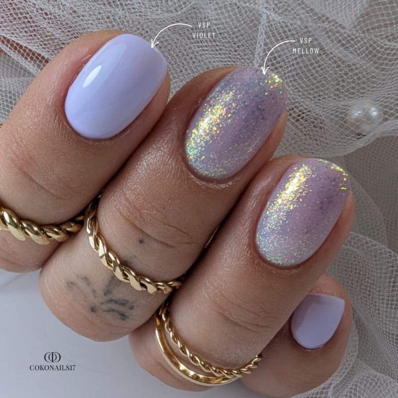 Pose d'ongles ovale avec le vernis semi permanent Violet, parme pastel clair